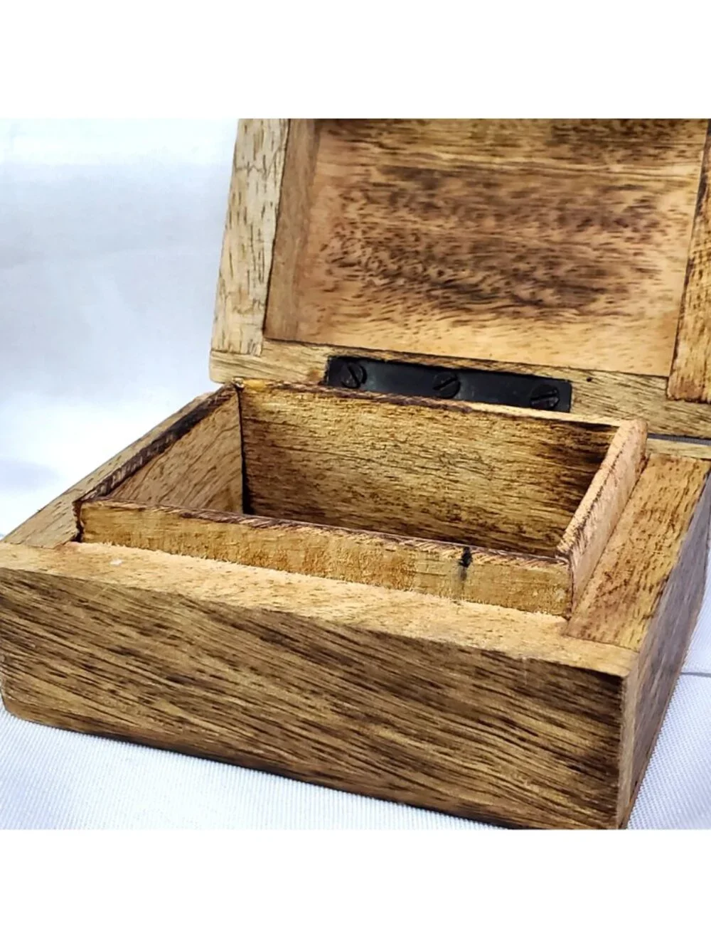Vintage Hand Carved Wood Floral Hinge Lid Trinket Box Made In India 3 X 4 Inch